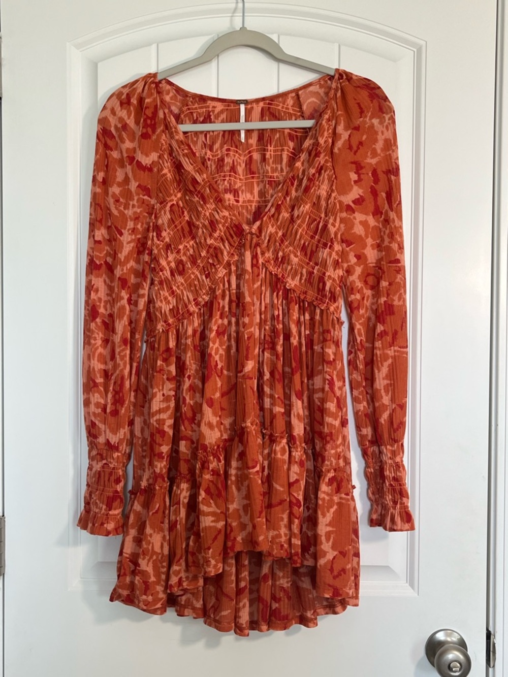 Free People Orange Red Floral V-Neck Tiered Tunic